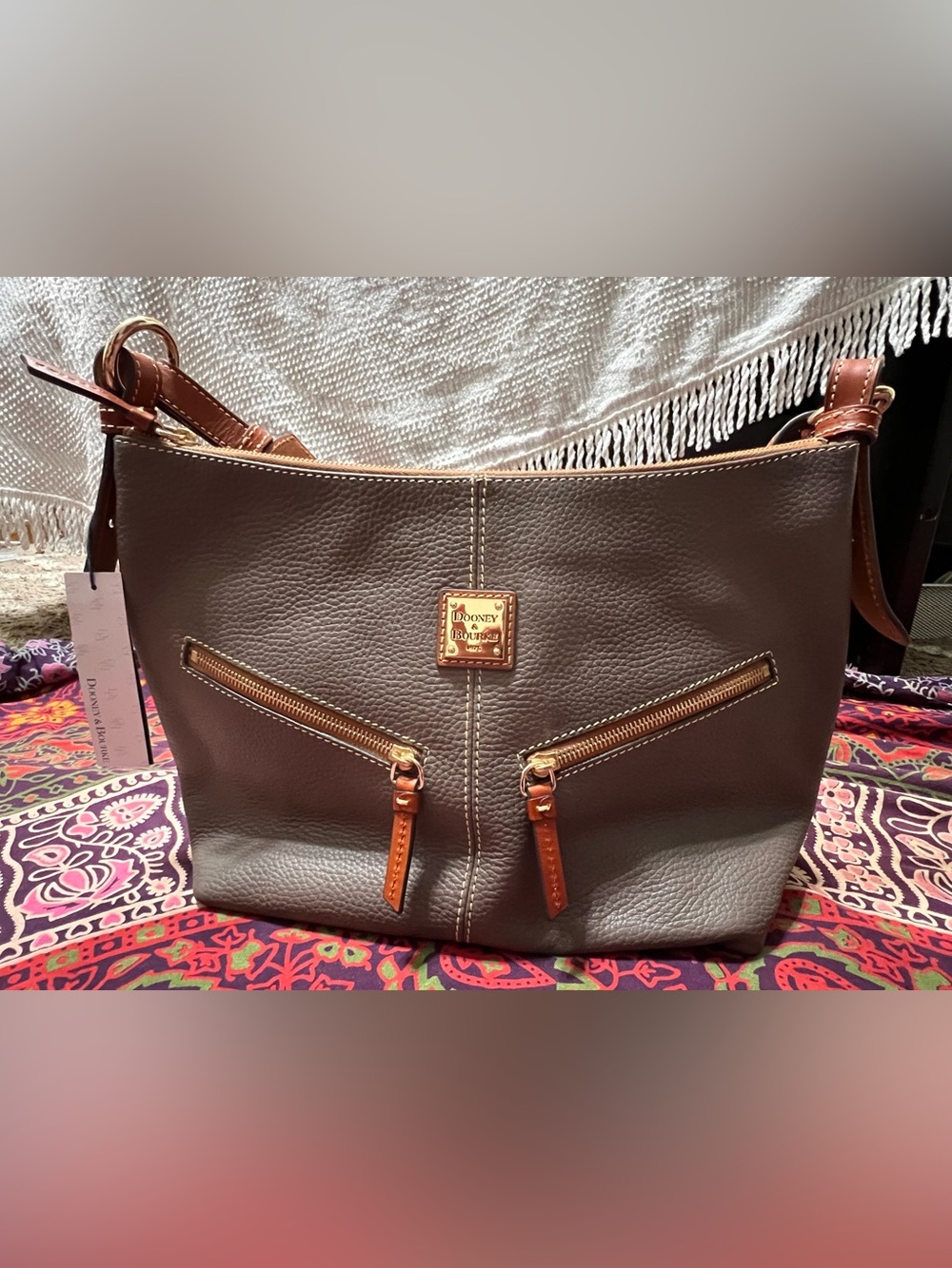 Dooney & Bourke Gray Pebbled Leather Hobo with Tan Accents Luxe Old Money